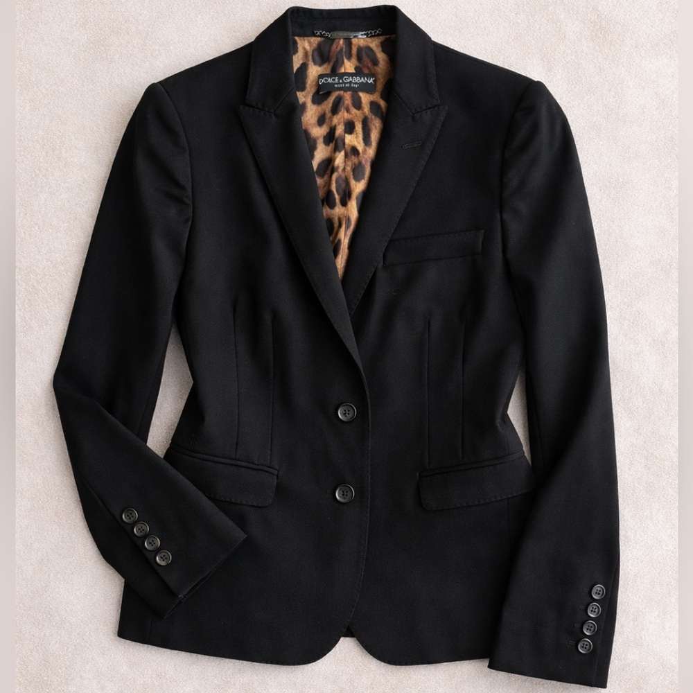 Dolce & Gabbana Suit F1275T Black Stretch Leopard Lined Pant Blazer IT44 8 10 M - Picture 3 of 17